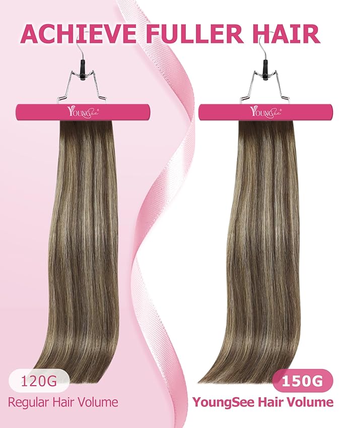 YoungSee Clip in Human Hair Extensions Brown Balayage Hair Extensions Clip ins Chocolate Brown with Ash Blonde Balayage Clip on Hair Extensions Human Hair Easy to Install 120G 7Pcs 20In