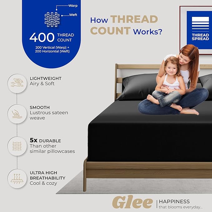 THREAD SPREAD 100% Cotton King Size Pillow Cases Set of 2-400 Thread Count Pillow Cases King Size Set of 2 (Black), Luxuriously Soft Hotel Quality Sateen Weave Pillowcases, Crisp & Cool