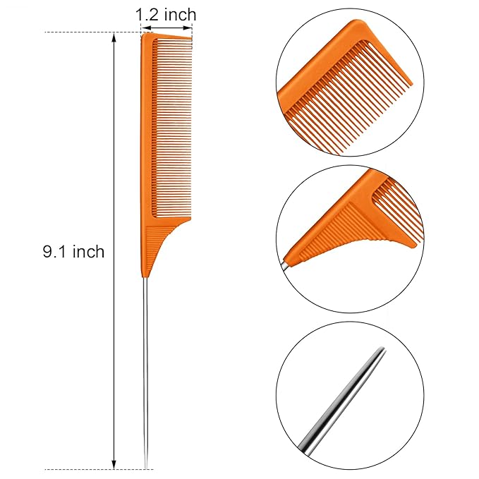 Leinuosen 3 Packs Rat Tail Comb Steel Pin Rat Tail Carbon Fiber Heat Resistant Teasing Combs with Stainless Steel Pintail (Orange)