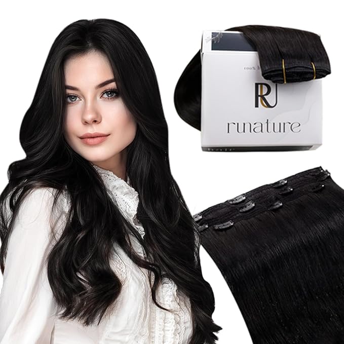 RUNATURE Clip in Hair Extensions Real Human Hair Black, Natural Hair Clip in Extensions for Women, Double Weft Black Hair Extensions 16 Inch 50g 3pcs #1B