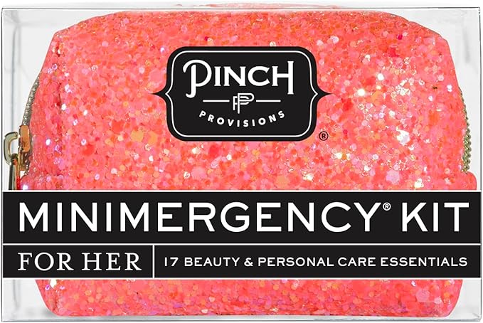 Pinch Provisions Coral Glitter Minimergency Kit, includes 17 Travel-Sized Cosmetic Essentials, Convenient for Purses, Emergency Beauty Accessories, Gifts for Holiday’s & Birthday’s