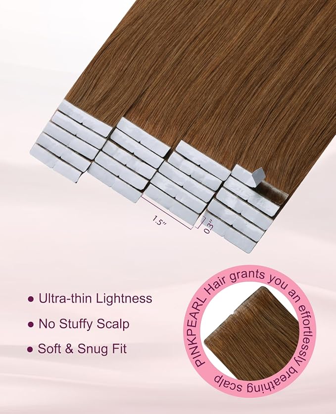 Pinkpearl Invisible Tape in Hair Extensions Human Hair, 20pcs 14inch 40g #33 Auburn Injection Tape in Extensions Real Remy Straight Seamless Silky Human Hair Injected