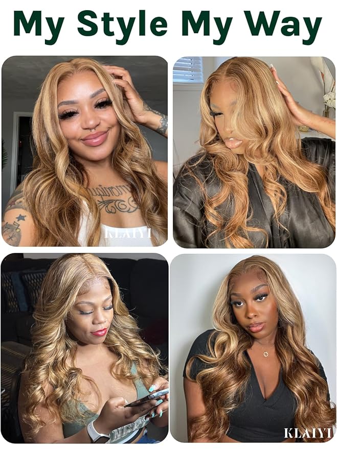 KLAIYI Bye Bye Knots Glueless Wig Highlight Blonde Body Wave Pre Cut 7x5HD Lace Front Wigs Human Hair Pre Plucked Pre Bleached Pre Everything Wear and Go Wig 12A Ombre Brown 30S Ready To Wear 28Inch
