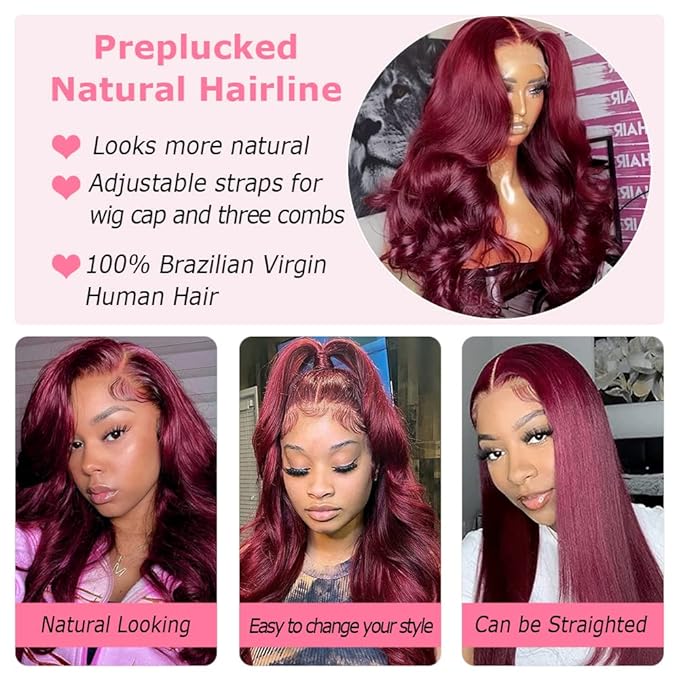 Burgundy Wig Human Hair 13x4 99j Burgundy Lace Front Wigs Human Hair Pre Plucked HD Transparent Lace Frontal Wigs Red Colored Wig 26 Inch