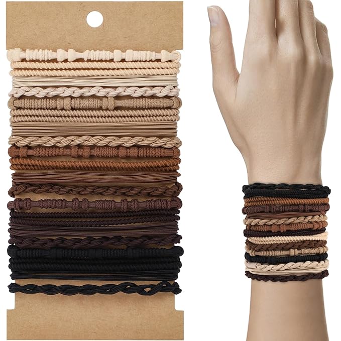 WantGor Boho Hair Ties, 20 PCS Hair Bands 4 Styles Neutral Hair Ties 2.36inch Cute Ponytail Holders Elastic Boho Hair Bracelets for Women Thick Thin Long Curly