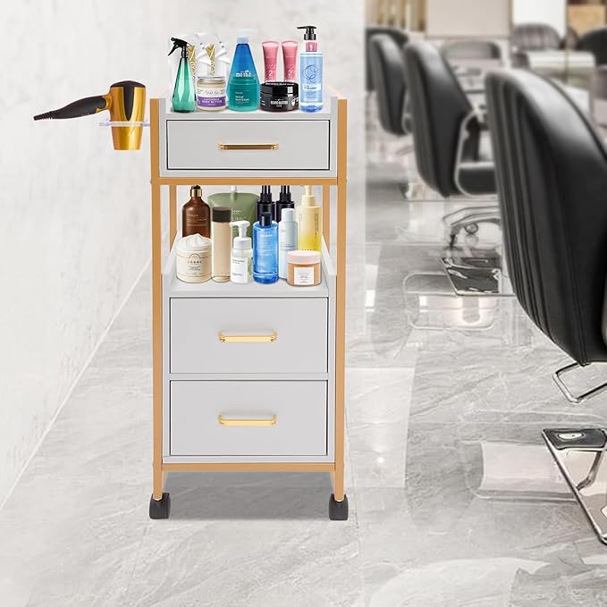 Beauty Salon Tool Organizer, Salon Trolley with Lockable Wheels Barber Cart, Make-Up Organizer Beauty Equipment Storage Trolley with Hair Dryer Rack for Spa, Barber Store, Beauty Salon (Gold, White)