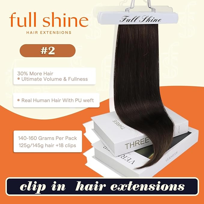 Full Shine Clip in Hair Extensions 24 inch 160g 8Pcs Seamless Clip in Hair Extensions Brown Remy Hair Clip ins for Women PU Skin Weft