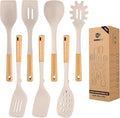Silicone Kitchen Utensil Set for Non Stick Cookware, 7 Pcs Heat Resistant Cooking Utensils with Wooden Handle, BPA Free Kitchen Tools with Spatulas, Spoons, Skimmer and Pasta Fork (KHAKI)