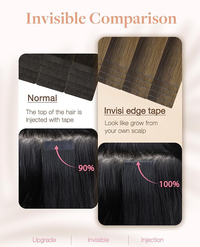 GOO GOO Invisi Edge Tape in Hair Extensions Human Hair, 2C/4E/6C Brown Sugar Swirl Highlights, 20pcs 20inch 50g, Virgin Remy Hair, Seamless Injected Tape, Natural Look