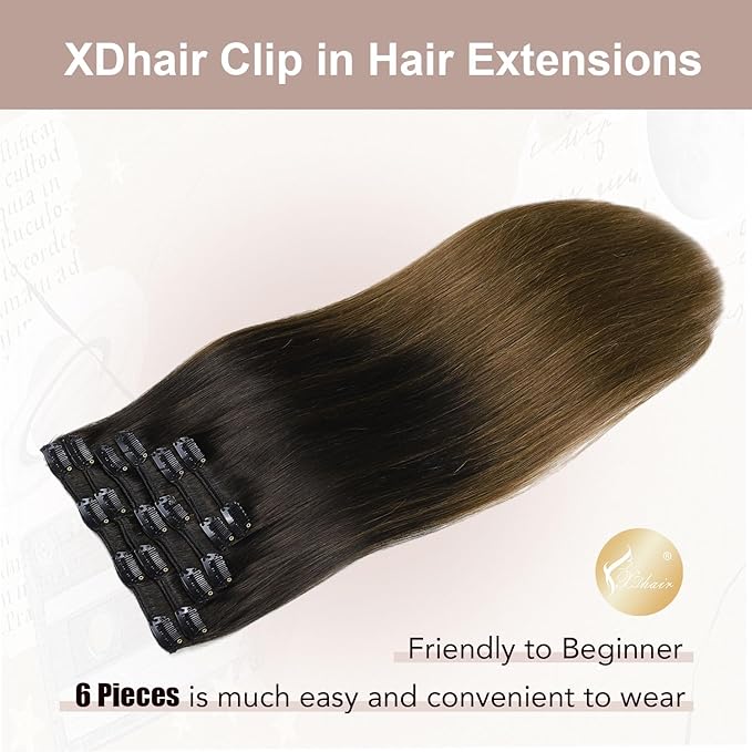 XDhair 22 inchClip in Hair Extensions Real Human Hair 120g 6Pcs Ombre Color Natural Black Fading to Medium Brown Clip in Hair Extensions Natural Soft (#1BT4, 22 inch)