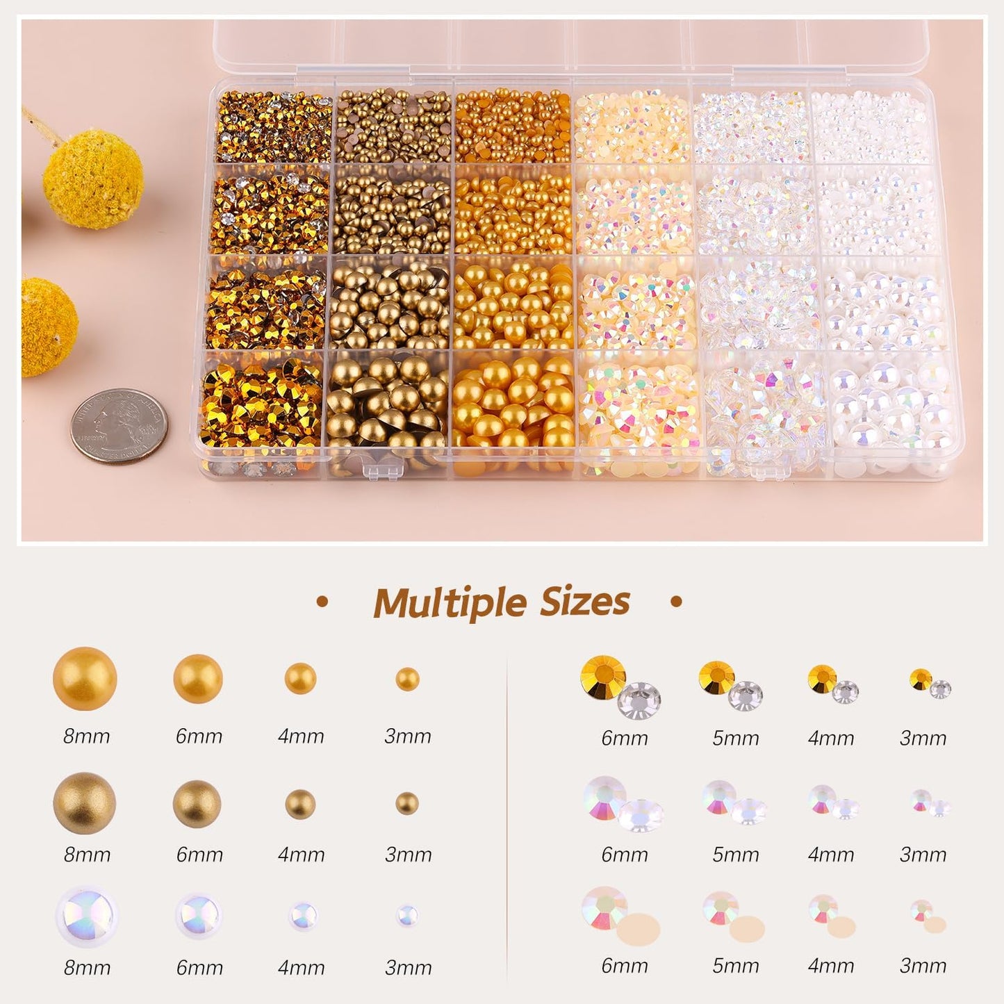 9000PCS Flatback Pearls and Rhinestones for Crafting, White Brown Mixed Size 3-10mm Resin Rhinestones and Half Pearls for Bedazzling, Nail Art and Decoration with Tweezer and Pickup Pencil