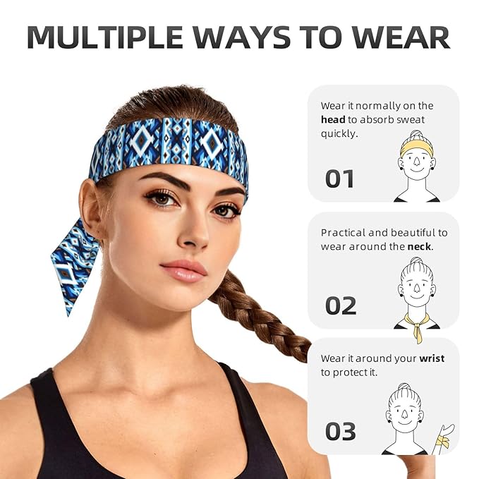 Men's Women Fashion Sports Sweatband Hand Decor for Running Fitness Spa, Long Multifunction Blue Geometric Tribal Navajo Aztec Ethnic Head Ribbon Headwear