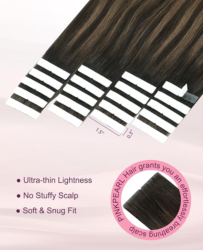 Pinkpearl Invisible Tape in Hair Extensions Human Hair, 20pcs 14inch 40g #2/6/18 Balayage Dark Brown to Chestnut Brown and Ash Blonde Injection Tape in Extensions Real Remy Human Hair Injected