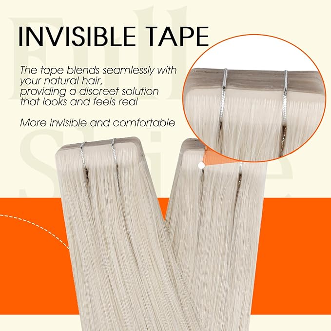 Full Shine Injection Tape in Human Hair Extensions Color 1000 Blonde Remy Hair Extensions Tape in Insert Seamless Invisible Skin Weft Versatile Styling Lightweight 22Inch 50G Reusable 20Pcs