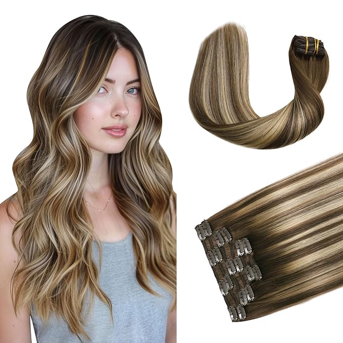 XDhair Clip in Hair Extensions Human Hair 100g 16 Inch Chocolate Brown to Caramel Blonde Real Human Hair Clip in Extensions Straight Soft Natural 6pcs (16inch, #4/27/4)