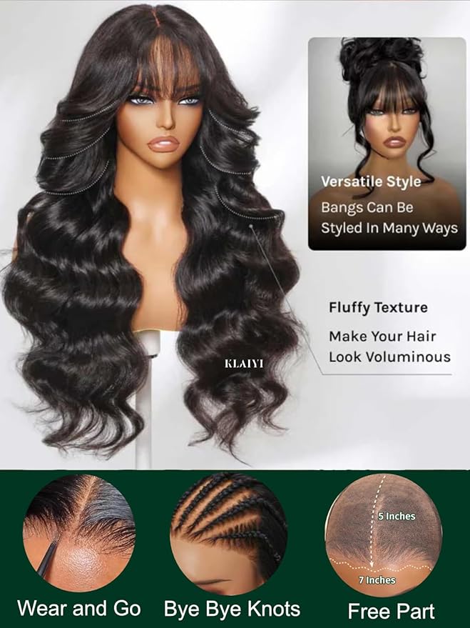KLAIYI Fluffy Body Wave Curtain Bang Wig Bye Bye Knots Glueless Pre Cut 7x5 Lace Front Wigs Human Hair Loose Wave Pre Bleached Pre Plucked Pre Everything 3S Easy to Wear and Go Wig 180% Density 24Inch