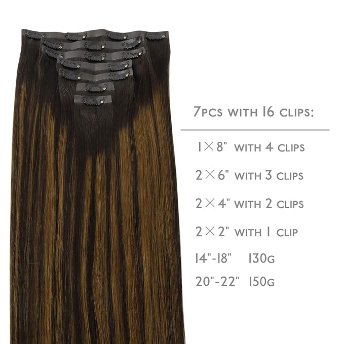 WENNALIFE Seamless Clip In Hair Extensions, 16 Inch 130g 7pcs Balayage Dark Brown to Chestnut Brown Hair Extensions Clip in Human Hair Invisible PU Skin Weft Natural Remy Human Hair Extensions
