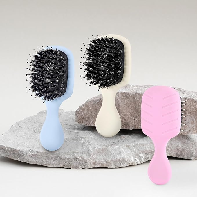 Mini Boar Bristles Hair Bursh, Travel Size Hair Brush for Women Men Kids, Protable Small Hair Brush for Pockets Purses, Mini Detangler Brush for Smooth Add Shine(Pink)