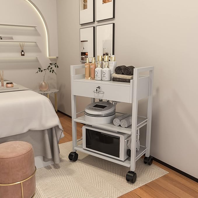Paddie Salon Beauty Cabinet Cart Trolley 2-Layer Rolling Storage Drawer Organizer Wheels Lockable Tool Salon Station Barber Stylist Equipment Makeup Spa Cart (White-3 Layer)