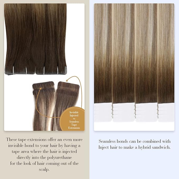 Full Shine Injected Tape in Hair Extensions 5Pcs 18 Inch Virgin Injection Tape in Extensions Color 3 Brown Fading to 8 Ash Brown And 22 Blonde Unprocessed Seamless Tapes in Human Hair 12.5 Gram
