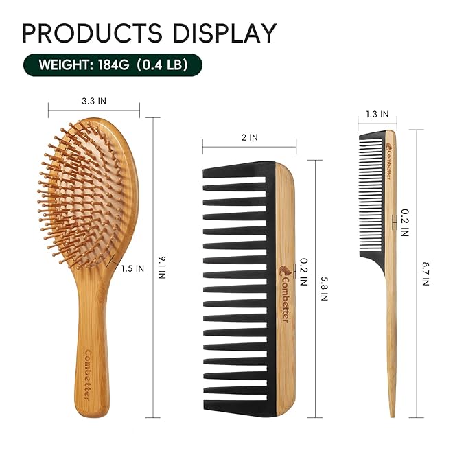 Bamboo Hair Brush and Comb Set, Massage Scalp Detangling Hairbrush for Hair Growth, Bakelite Durable Anti Static Wide-Tooth Comb & Rat Tail Comb for Women, Men, Kid