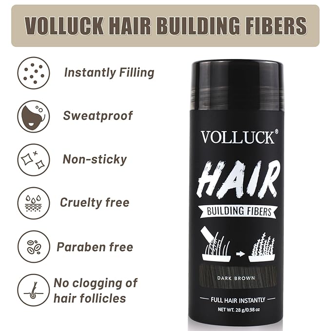 VOLLUCK Hair Fibers for Thinning Hair, Instant Coverage Hair Building Fibers for Women and men, Natural Hair Powder for Conceal Hair Loss 28 g (Dark Brown)