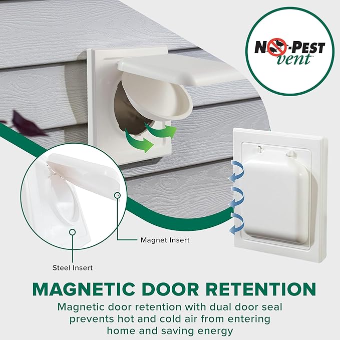 NO-PEST VENT, Exclusive Dual Door Dryer Vent Cover Outdoor 4 inch, Made in USA w Highest UV Resistant Plastic in any Outdoor Vent Cover, No Lint Collecting Screen (Tan, 4” Metal Vent With Duct Tube)