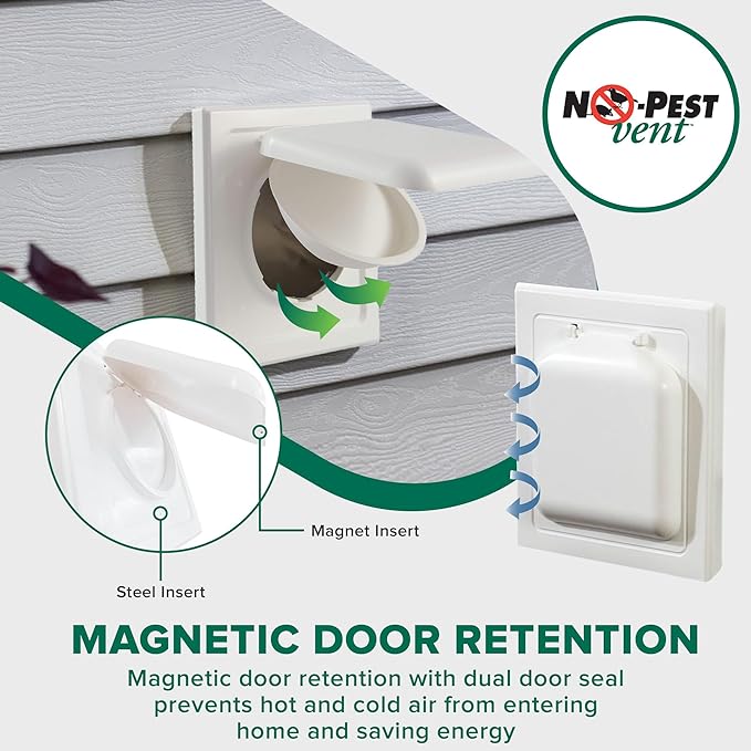 NO-PEST VENT MetalGuard, Dual Door Dryer Vent Cover Outdoor 4 Inch, Powder-Coated Heavy Duty Steel, Pest Proof, Rust Resistant, Safe & Efficient Vent Cap (White, 4" Steel With Collar)