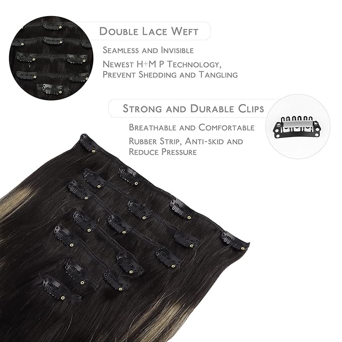 WENNALIFE Clip in Human Hair Extensions - 16 Inch 120g 7pcs Balayage Natural Black to Light Blonde - Remy Double Weft Real Human Hair