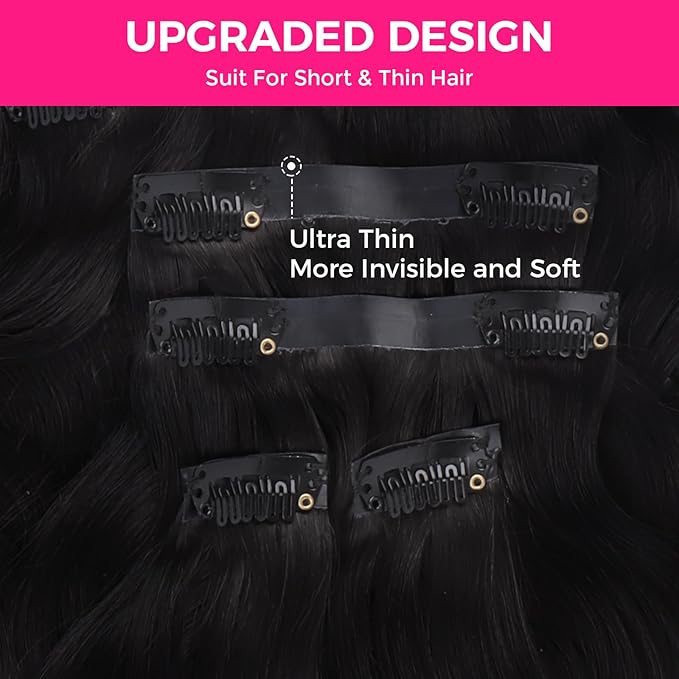 Lashey Seamless Clip in Human Hair Extensions - #1 Jet Black Body Wave 14 Inch PU Weft - 7pcs 110g Natural Real Hair for Women
