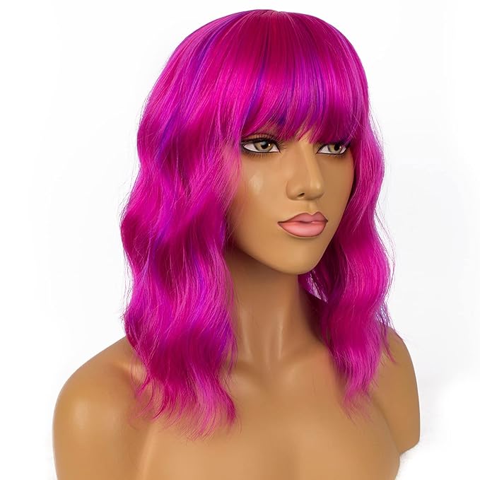 Short Bob Wigs with Bangs for Women Loose Wavy Wig Curly Wavy Shoulder Length Bob Synthetic Cosplay Wig for Girl Colorful Costume Wigs (Rose mixed Purple)