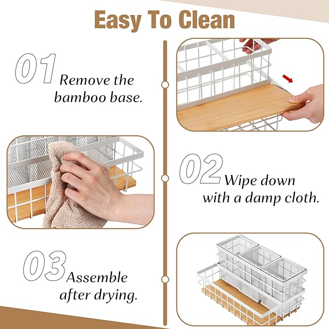 1 Pcs Hair Tool Organizer Countertop Breathable Metal & Bamboo Hot Tools Organizer Under Sink Bathroom Hair Dryer Holder Countertop Brush Comb Holder,makeup tray (Natural Bamboo,White)