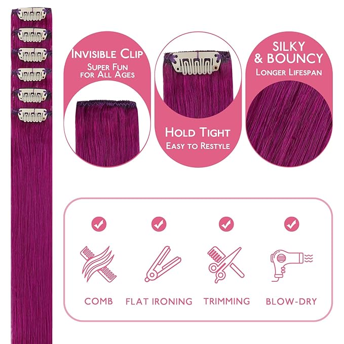 WENNALIFE Violet Clip in Hair Extensions Real Human Hair 35g 6pcs 24 Inch Colored Hair Extensions for Kids Women Colorful Hair Pieces Pop-up Style Straight Extensiones De Cabello Humano Con Clip