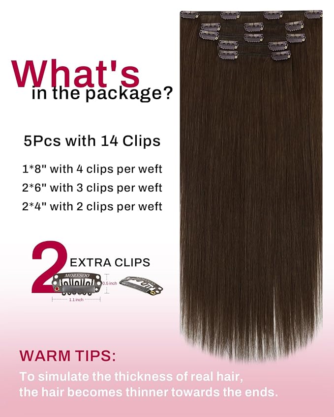 Moresoo Clip in Hair Extensions Real Human Hair Medium Brown Hair Extensions Clip ins Medium Brown Double Weft for Women Long to Add Length 80g/5pcs 20 inch Daily