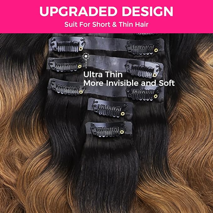Lashey Seamless Clip in Hair Extensions Human Hair 150g 9pcs 20 Inch Body Wave Ombre Natural Black to Medium Auburn Clip in Hair Extensions for Women
