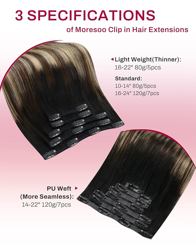 Moresoo Clip in Hair Extensions Real Human Hair Balayage Black to Dark Brown with Caramel Blonde 5pcs 80g Remy Straight Invisible Lace Double Weft Human Hair Clip in Extensions 20inch