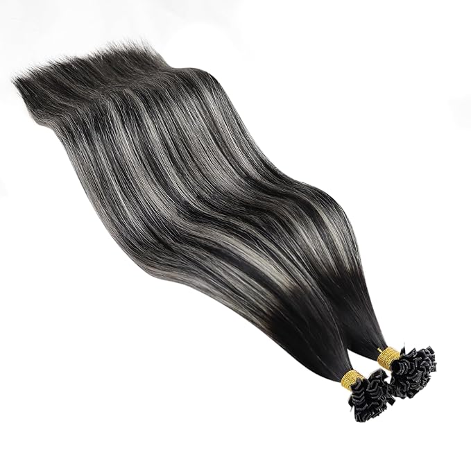 YoungSee K Tip Hair Extensions Real Human Hair Ombre K Tip Extensions Natural Black Roots to Silver Grey Balayage Keratin Tip Hair Extensions Human Hair Pre Bonded 50g 20inch 50s