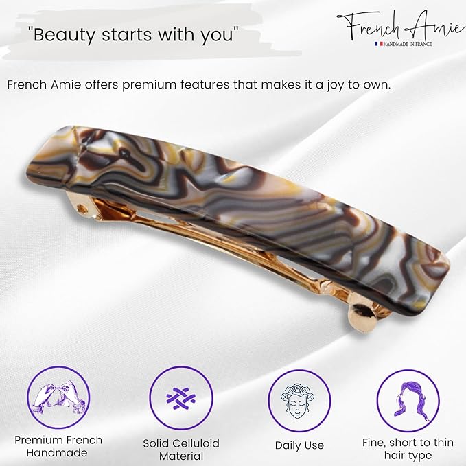 French Amie Small 2 1/4 inch Celluloid Handmade Hair Barrette No Slip Grip Durable Styling Women Hair Accessories Hair Clip for Girls, Made in France(Onyx Silver Grey)