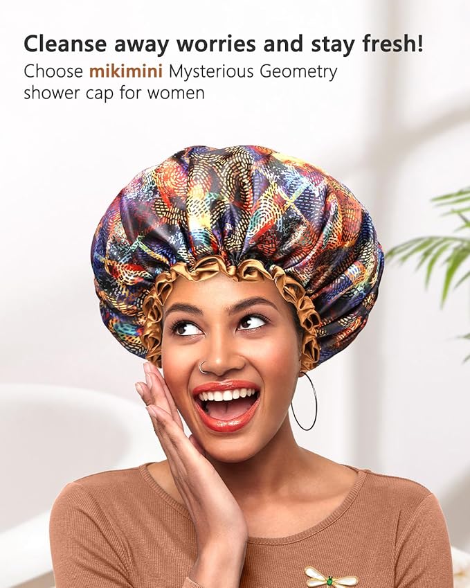 mikimini Large Shower Cap for Women Long Hair,Mystery Shower Caps with Brown Lace, Reusable Waterproof Bathing Shower Hat