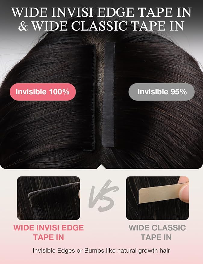 DOORES Invisi Edge Tape in Wide Hair Extensions Human Hair, Natural Black 4PCS Injection Tape ins 20g 24 Inch, Virgin Human 3 Inch Wide Injected Extensions Invisible
