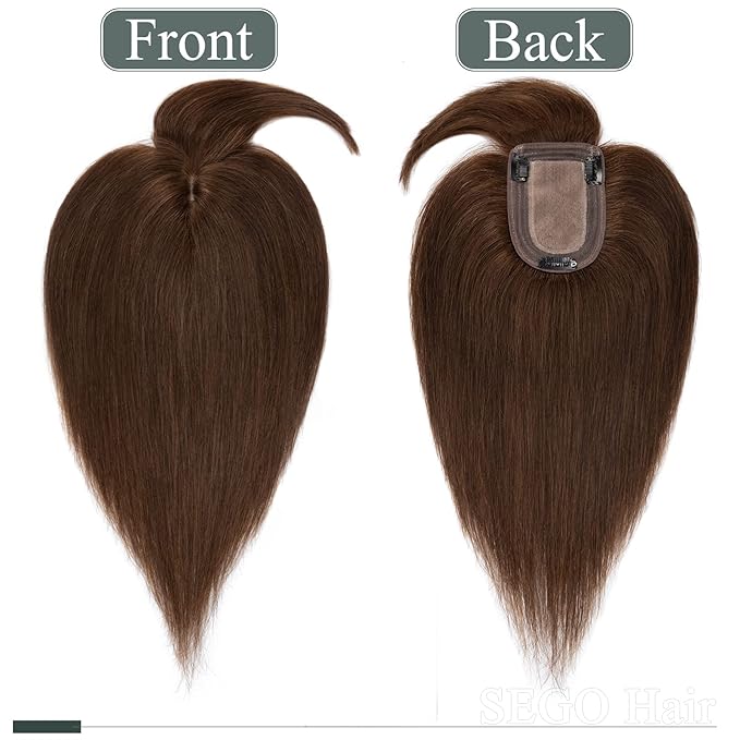 SEGO Hair Toppers for Women Real Human Hair with Thinning Hair, Toppers Hair Pieces Clip in Toppers Straight Hair Pieces with Front Bangs 150% Density Silk Base -6 Inch #4 Medium Brown