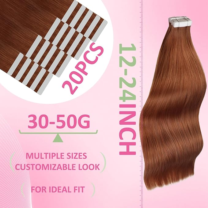 YoungSee Tape in Hair Extensions Human Hair Copper Human Hair Tape in Extensions Copper Tape-in Human Hair Extension 16Inch Short Tape-ins Hair Extension 20Pcs 50G