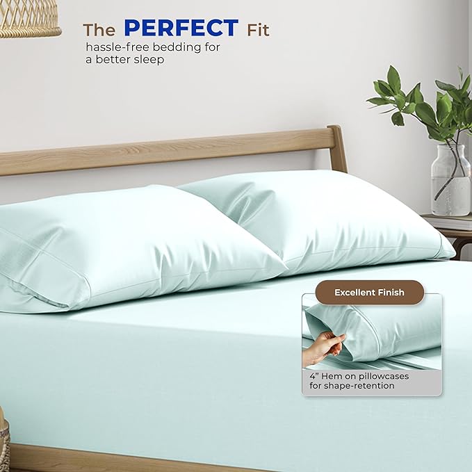 THREAD SPREAD 100% Egyptian Cotton Pillow Cases - 1000 Thread Count Pillow Cases Queen/Standard Size Set of 2, Soft & Breathable Extra Long Staple Sateen Weave Cotton Pillow Cover for Bed - Sea Foam