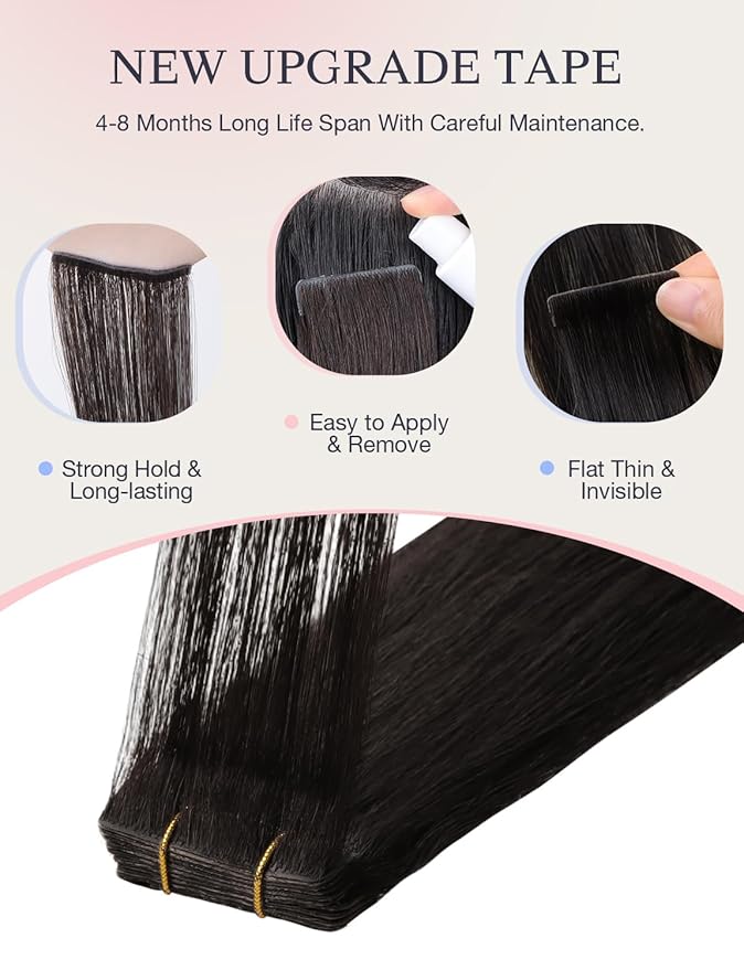 DOORES Invisi Edge Human Hair Tape in Extensions, Natural Black 10 Injection Tape-ins with 10 Classic Tape-ins 50g 18 Inch, Injection Tape in Extensions Virgin Human Hair Thick Ends