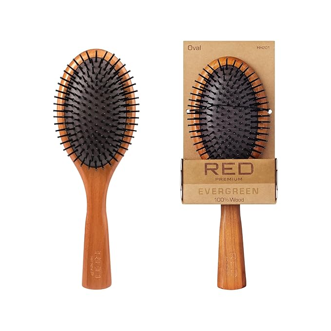 RED Premium Evergreen 100% Wooden Paddle Brush - Detangling Hair Brush With Long Bristles for Thick, Curly, Thin, Wet or Dry Hair (Oval Paddle)