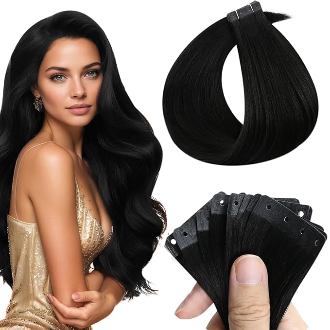 Full Shine Tape in with Holes Color Black 12Inch Tape in Hair Extensions Human Hair Invisible Seamless Human Hair Tape in Extensions 20Pcs 30G for Women Straight No Glue No Clips Thin Hair