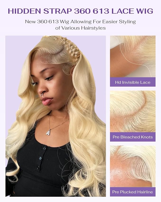 Hidden Strap Body Wave 360 613 Lace Front Wig Human Hair Glueless Wigs Human hair Pre Plucked Pre Bleached 180% Density Blonde Wig With Drawstring HD Full Lace Human Hair Wigs 32Inch