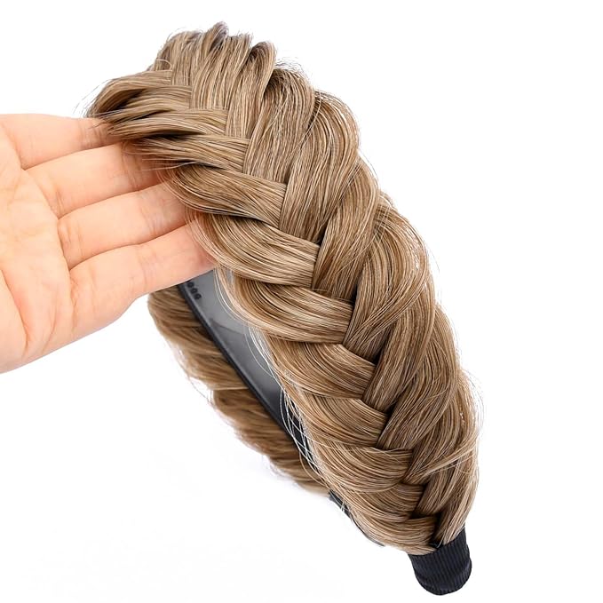 DIGUAN Wide Messy Braided Headband With Teeth Synthetic Hair Plaited Headband High Elasticity Braids Chunky Fishtail Braided Hair Band Hairpiece for Girls Women Beauty Accessory (Dirty Blonde)