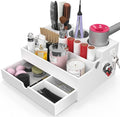 Hair Tool Organizer, Wood Hair Dryer Holder with Drawer & 3 Stainless Steel Cups, Versatile Bathroom Vanity Storage for Hair Styling Tools, Hot Tools, Brushes and Cosmetics - White
