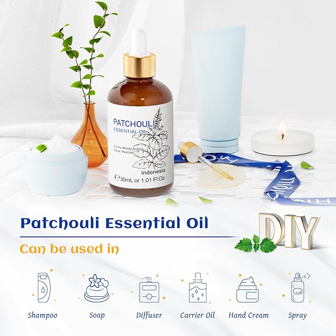 HIQILI Patchouli Essential Oil Organic, 100% Pure, for Diffuser, Homemade Perfume, Skin Care, Aromatherapy, Gift for Hippie Friend-30ML
